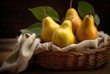Pears in a basket with a brown cloth