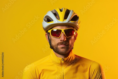 Portrait of Cyclist on yellow background.