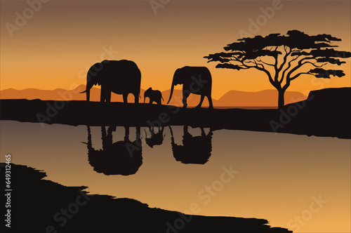 Elephant Family Reflections on water 