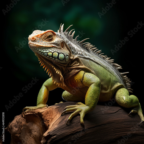 Fotografia de iguana de tonos verdes, sobre tronco de madera © Iridium Creatives