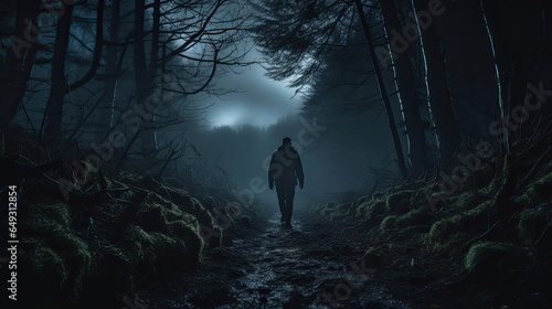 A man walking on a dark path in a strange dark forest with fog