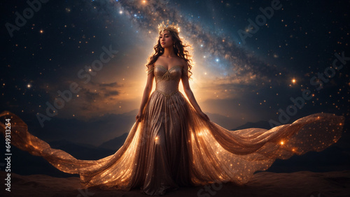 Star-Crowned Elegance: Woman in Cosmic Radiance, Walking the Celestial Expanse
