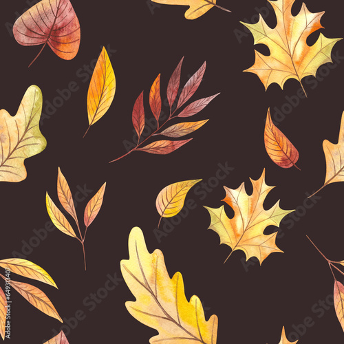 Hand drawn watercolor pattern with autumn leaves
