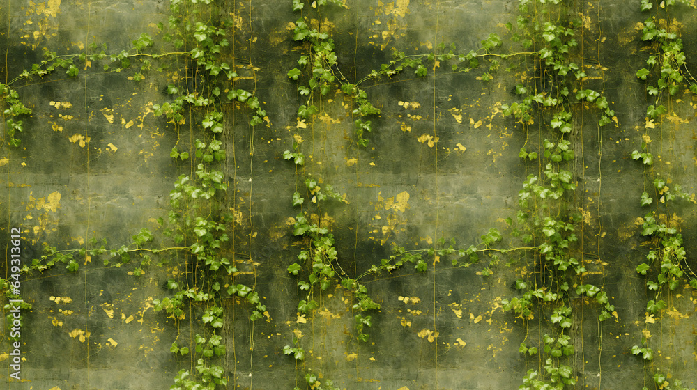 Ivy on grunge wall background wit golden leaves, seamless tile. The image can be repeated on all sides.  - obrazy, fototapety, plakaty 