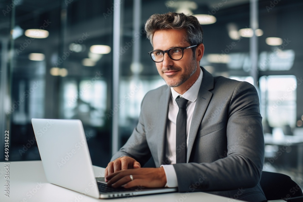 businessman sat at his desk working on lap top wearing smart suit and air of confidence businessman sat at his desk working on lap top wearing smart suit and air of confidence