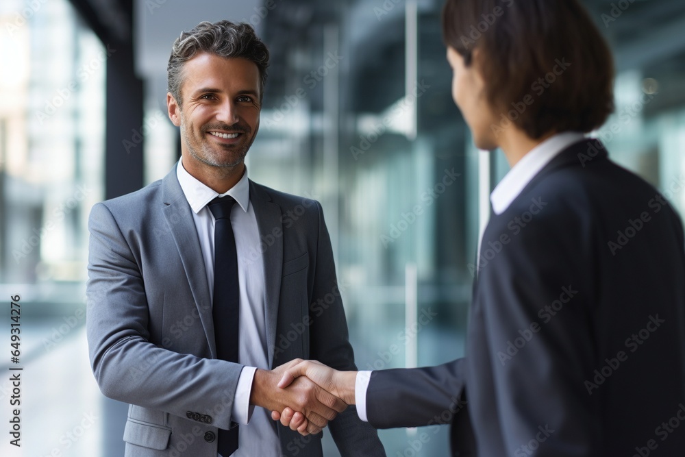 business man shaking hands with another male and smiling while completing the deal business man shaking hands with another male and smiling while completing the deal
