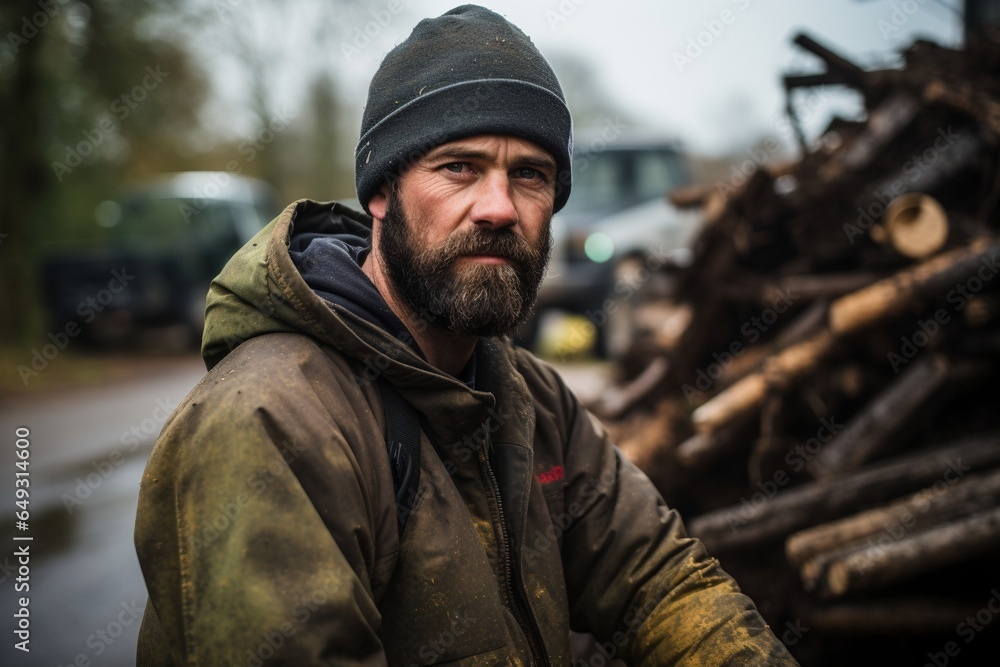 male lumberjack working outside and posing for photo wrapped up warm for cold weather