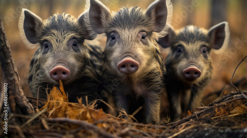Group of wild striped boar piglets isolated on a white background