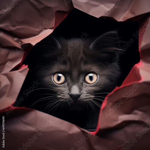 Fotografia de gatito de color negro mirando a camara a traves de papel roto de tonos rojizos