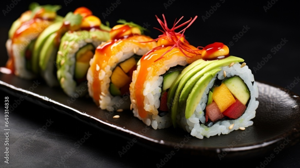 dragon maki roll topped with fresh avocado and served on a black ceramic plate dragon maki roll topped with fresh avocado and served on a black ceramic plate