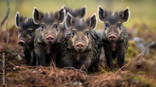 Group of wild striped boar piglets isolated on a white background © Veniamin Kraskov