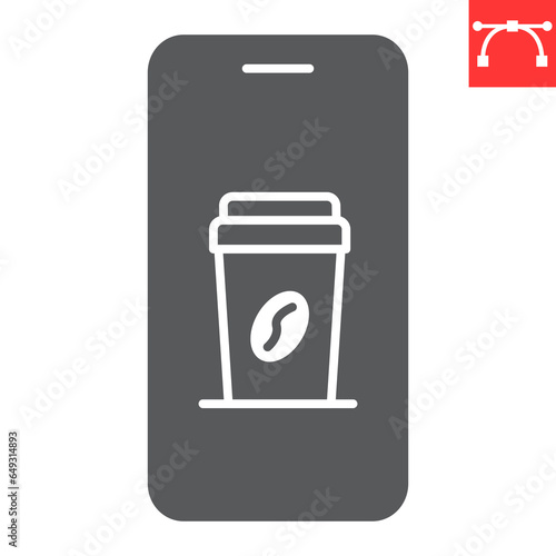 Coffee app glyph icon, mobile and takeaway, coffee paper cup on smartphone vector icon, vector graphics, editable stroke solid sign, eps 10.