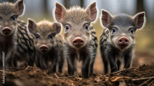 Group of wild striped boar piglets isolated on a white background