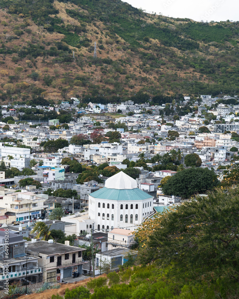 Naklejka premium Aerial view, cityscape or skyline of Port Louis with harbor, old town and financial district, Mauritius