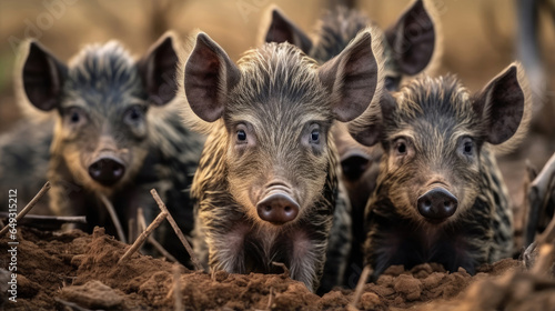 Group of wild striped boar piglets isolated on a white background © Venka