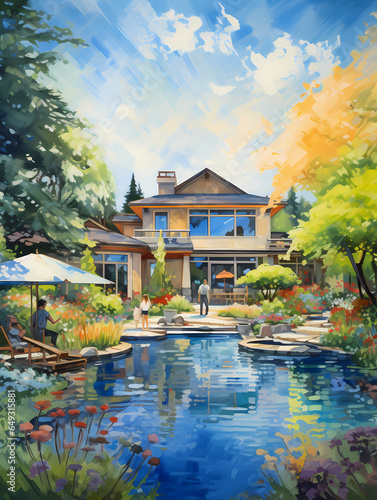 Painting Of A House With A Pond And Trees