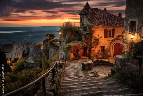 Fototapet Medieval fortified hilltop town in France, view at dusk from an observation point