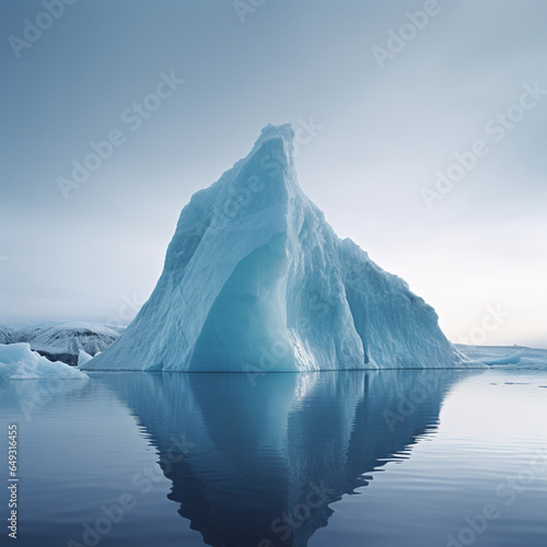 Fondo con detalle de iceberg de color blanco, sobre agua tranquila con reflejos y luz natural