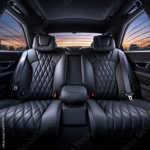 Fotografia de asientos traseros de vehiculo de lujo, con cuero negro, aspecto como y entrada de luz natural photo