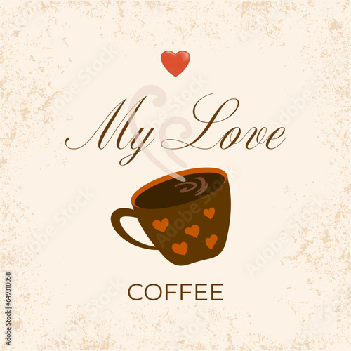 Morning coffee love, with red heart design. International coffee day 1st October poster, greeting card, vector illustration