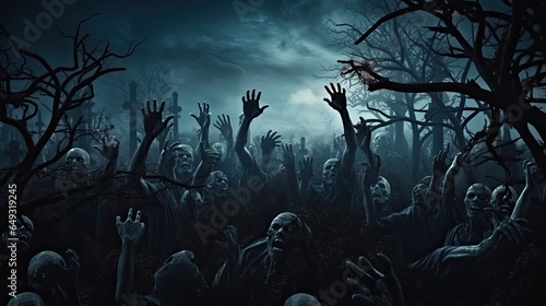 The hands of the zombies emerge from the grave at night, full of spirit signs surrounded by dead trees. Halloween concept.