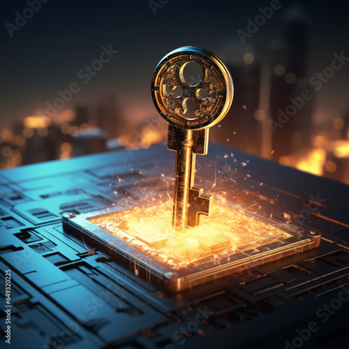 Fotografia de llave entrando en cerradura digital, con detalles tecnologicos, como simbolo de ciberseguridad photo
