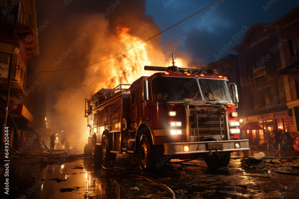 A fire engine on the background of an explosion of a burning house A fire engine on the background of an explosion of a burning house