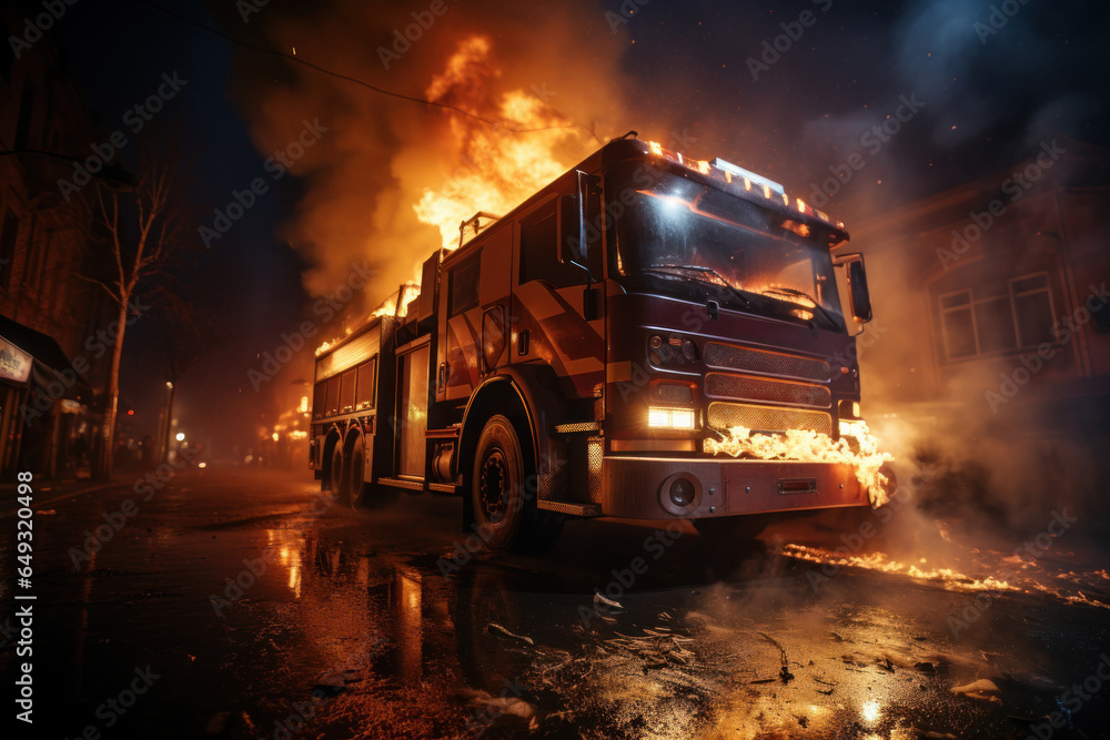 A fire engine on the background of an explosion of a burning house