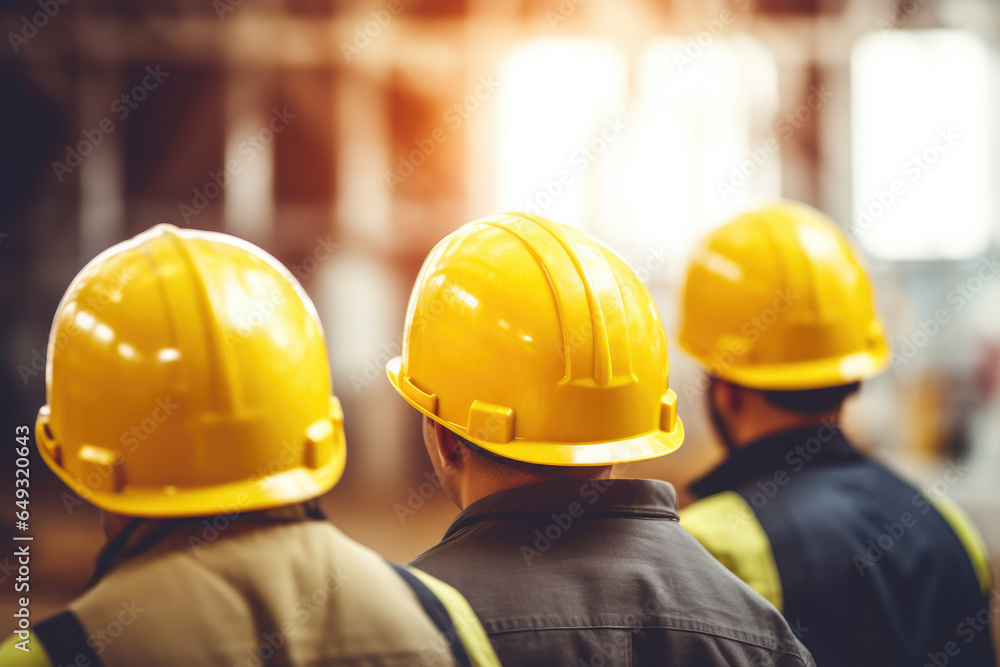 Three Workers with Helmets Against Blurred Construction Scene Three Workers with Helmets Against Blurred Construction Scene