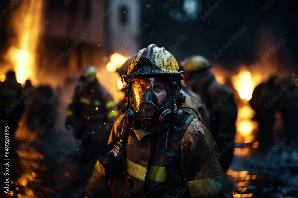Fototapeta premium Firefighter against background of burning disaster in city district