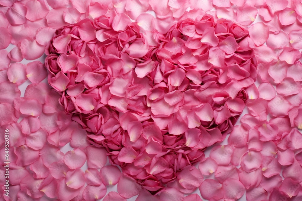 Pink rose petals shaped like a heart. Generative AI