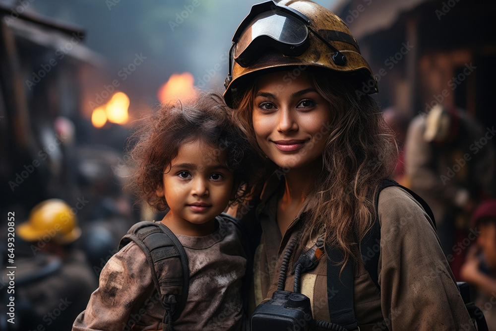 Firewoman, holds a baby girl in her arms saved from burning house Firewoman, holds a baby girl in her arms saved from burning house