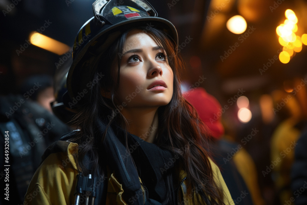 Portrait of asian firefighter against background of burning house Portrait of asian firefighter against background of burning house
