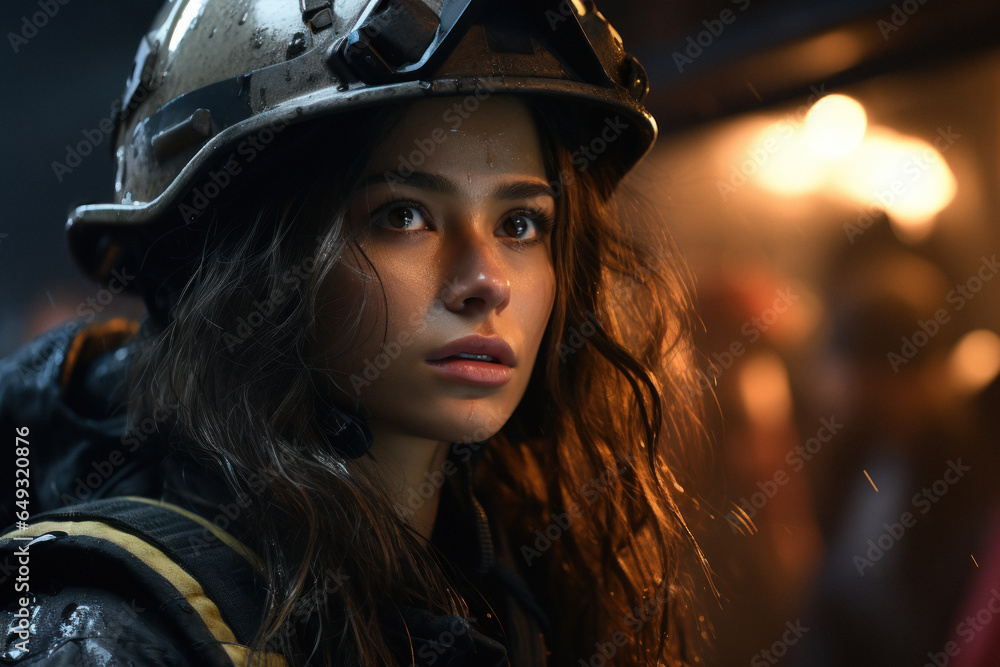 Portrait of asian firefighter against background of burning house Portrait of asian firefighter against background of burning house