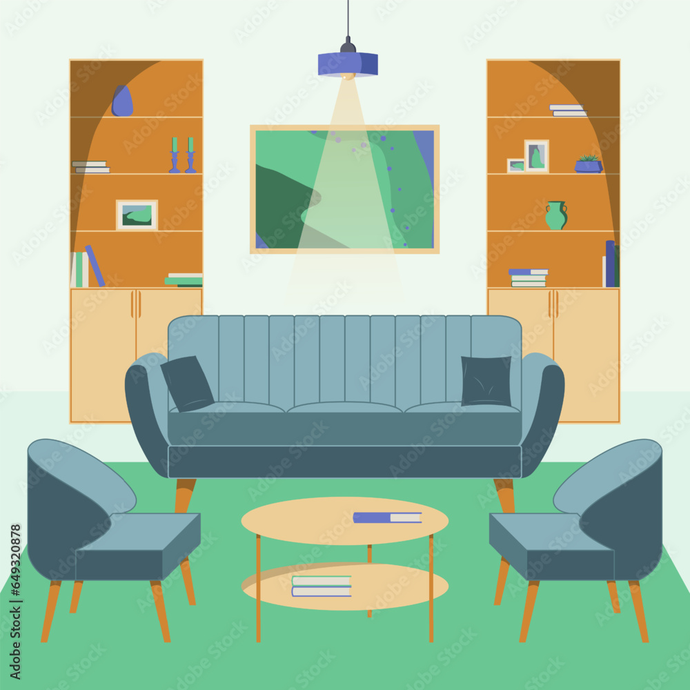 Mid century style living room interior design in violet and green with blue sofa and armchairs, bookcases, ceiling light, wall art, coffe table, shelf decor stuffs. Flat illustration for your projects Mid century style living room interior design in violet and green with blue sofa and armchairs, bookcases, ceiling light, wall art, coffe table, shelf decor stuffs. Flat illustration for your projects