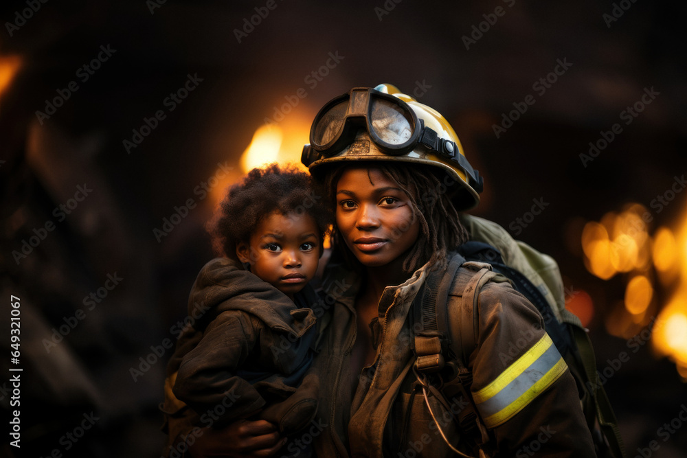 Firewoman, holds a baby girl in her arms saved from burning house