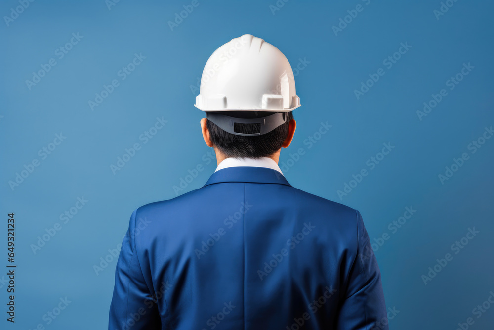 Construction Worker in Blue Suit and Helmet from Behind Construction Worker in Blue Suit and Helmet from Behind