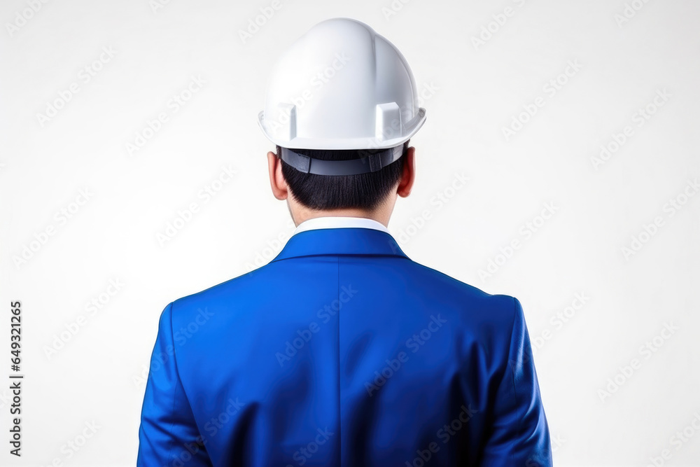 Backside View of Builder in Blue Suit and Hard Hat Backside View of Builder in Blue Suit and Hard Hat