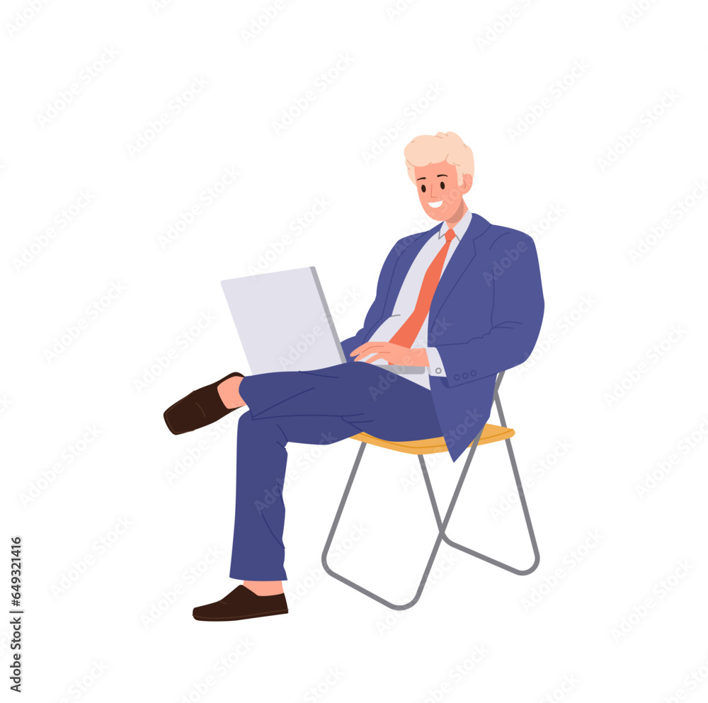 Businessman sitting on chair using laptop for remote work at home isolated on white background Businessman sitting on chair using laptop for remote work at home isolated on white background