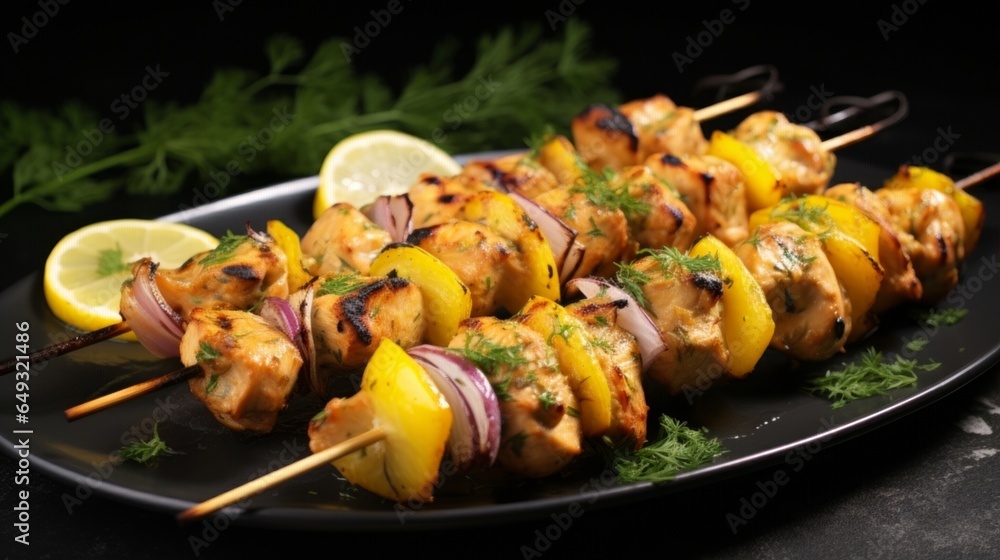 Chicken and leek skewers on a dark slate platter, garnished with sliced lemons and parsley leaves