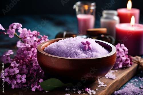 Soothing bath salts with fragrant flowers on a table. Generative AI