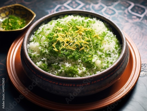 Basashi adorned with finely chopped green onions and grated ginger on a traditional ceramic plate
