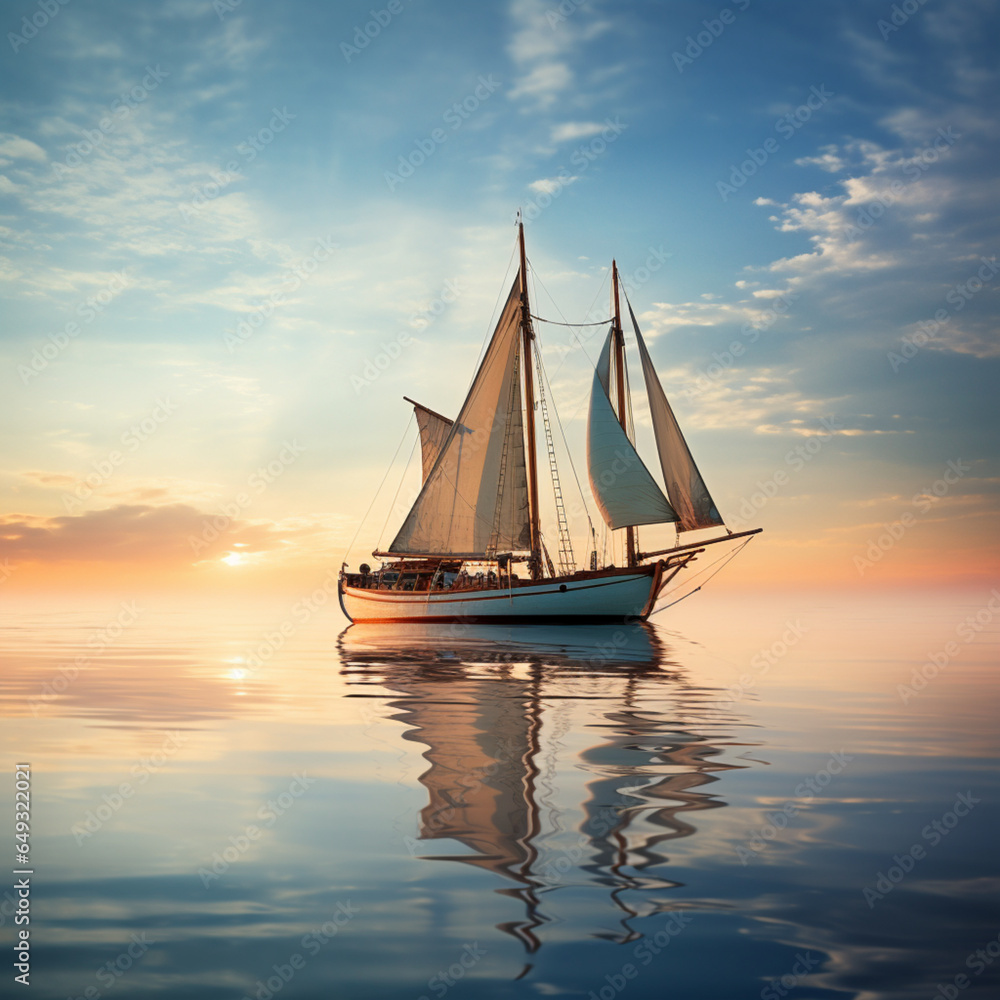 Fotografia de pequeño velero en mar tranquilo, al amanecer, con reflejos de sol