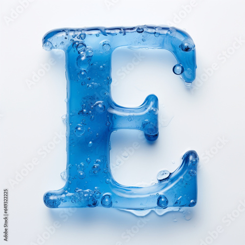 Fondo con detalle y textura de letra E de cristal de color azul con gotas de frescor y fondo de color claro photo