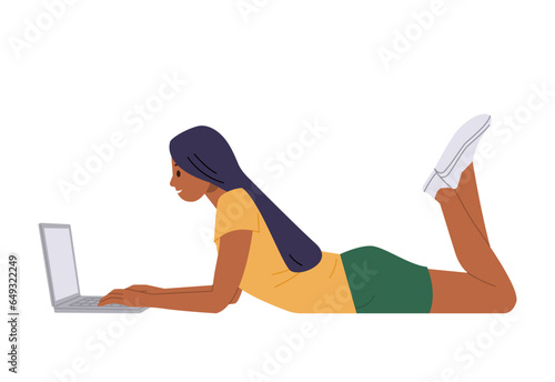 Freelancer woman working remotely with laptop computer while lying on floor vector flat illustration