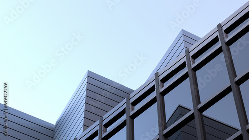 Modern building, office against the backdrop of high-rise buildings. Urban architecture design. Building with glass windows, business center. Modern structures, buildings, concept, banner. 3D render