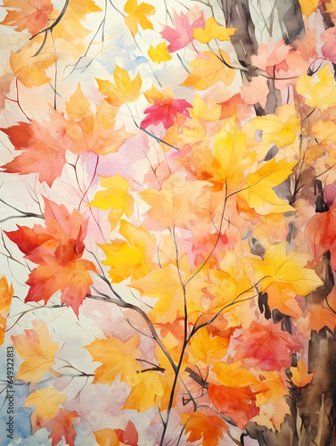 Watercolor Painting Of A Tree With Orange And Yellow Leaves