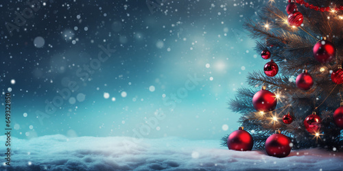 Schöner Weihnachten Hintergrund. Weihnachtsbaum mit roten Kugeln geschmückt und Schnee - platz für Text  © Marc Kunze