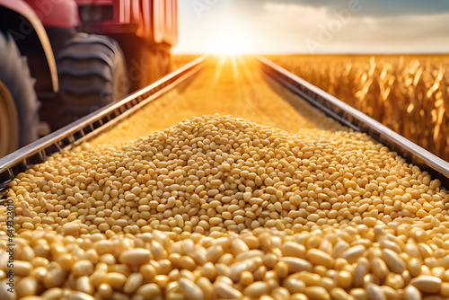 Harvest pouring freshly harvested corn maize seeds or soybeans into conteiner trailer near, closeup detail, afternoon sunshine concept. Generativa AI