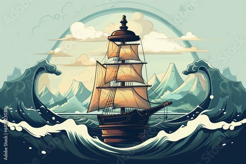 Illustration of a boat on waves inside a bottle with mountains in the background, representing wanderlust and adventure. Generative AI
